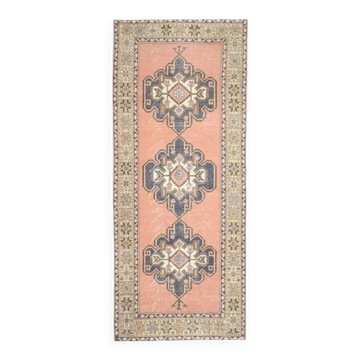 Vintage Turkish Oushak handmade wool cotton brown runner rug 143x347