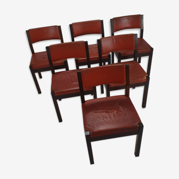 Set of 6 cognac leather Wenge dining chairs by Spectrum, 1960s