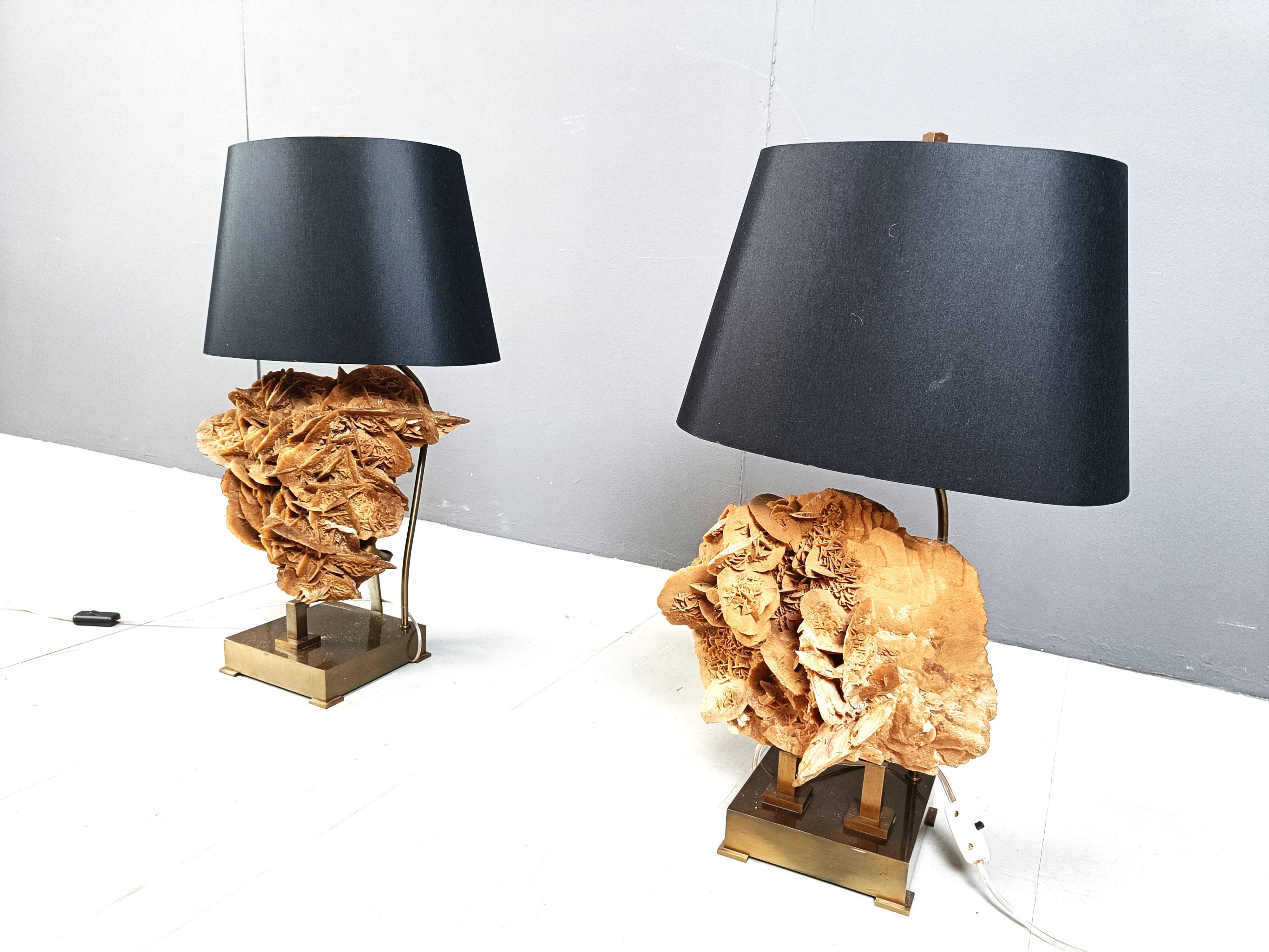 Lampes de table en laiton et pierre rose, années 1970