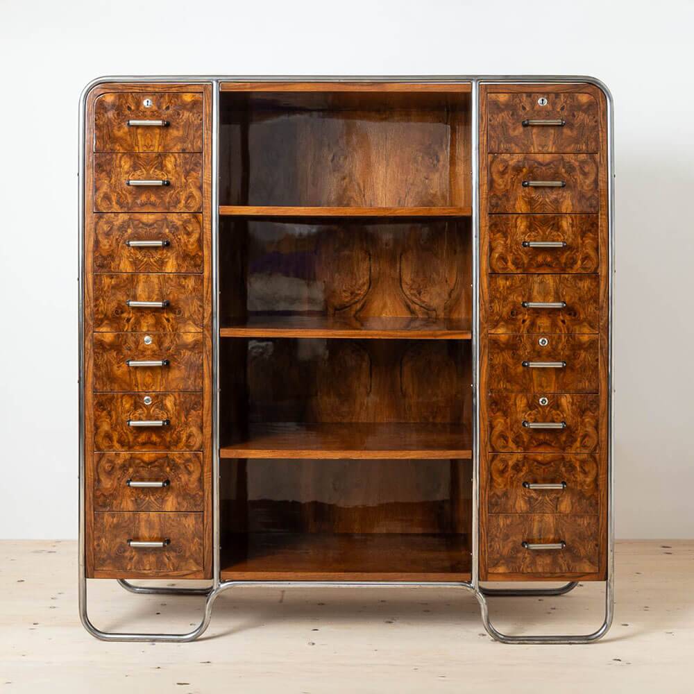 Bauhaus Era Bookcase, Tubular Steel Base, Walnut Veneer, 1930s