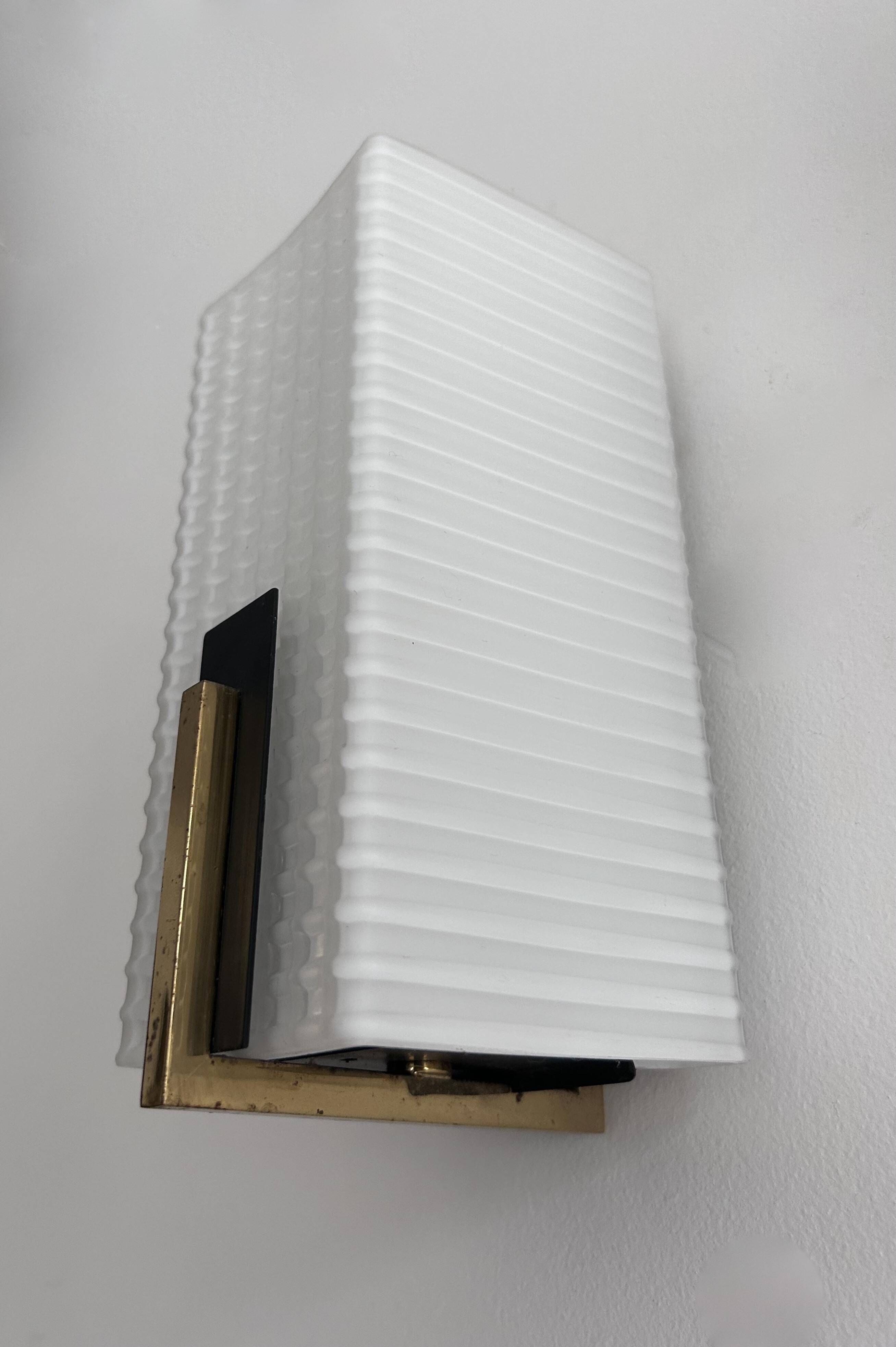 Pair of vintage wall lights, brass and opaline, France 1960