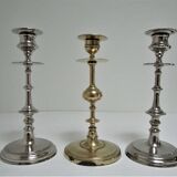 three brass and chrome candle holders early twentieth century