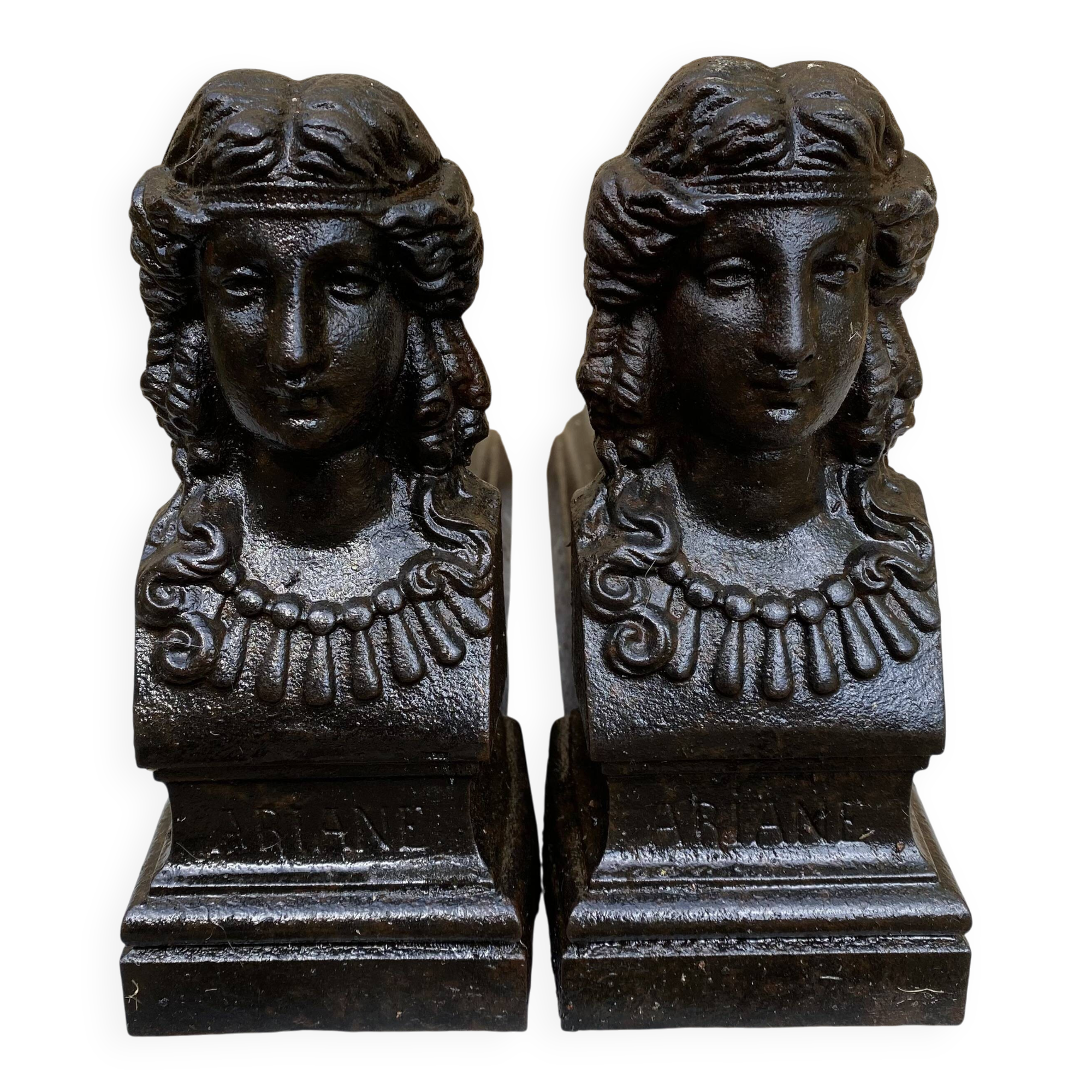Pair of antique cast iron fire dogs "Ariadne"