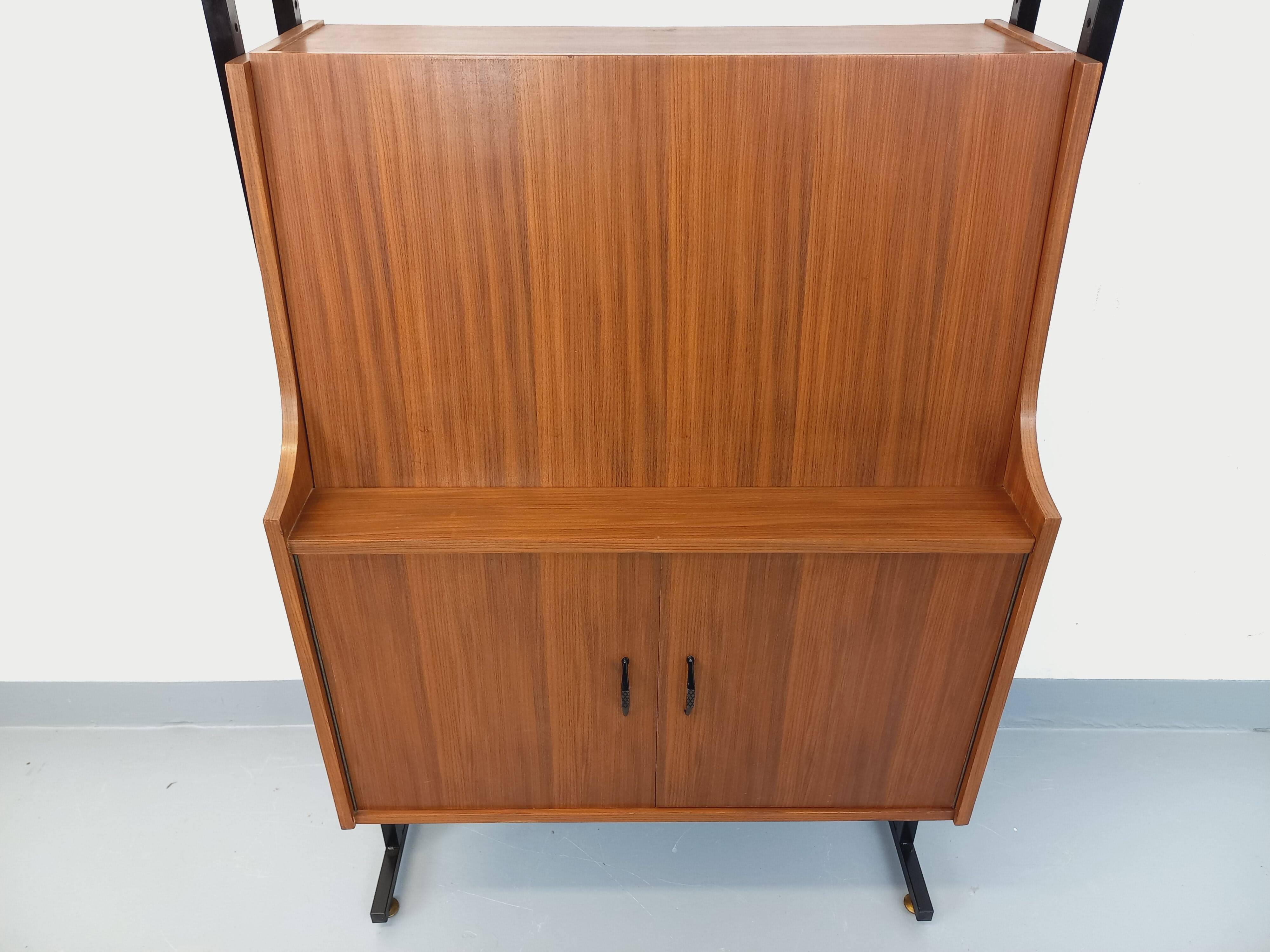 Vintage modular secretary bookshelf in teak and metal.