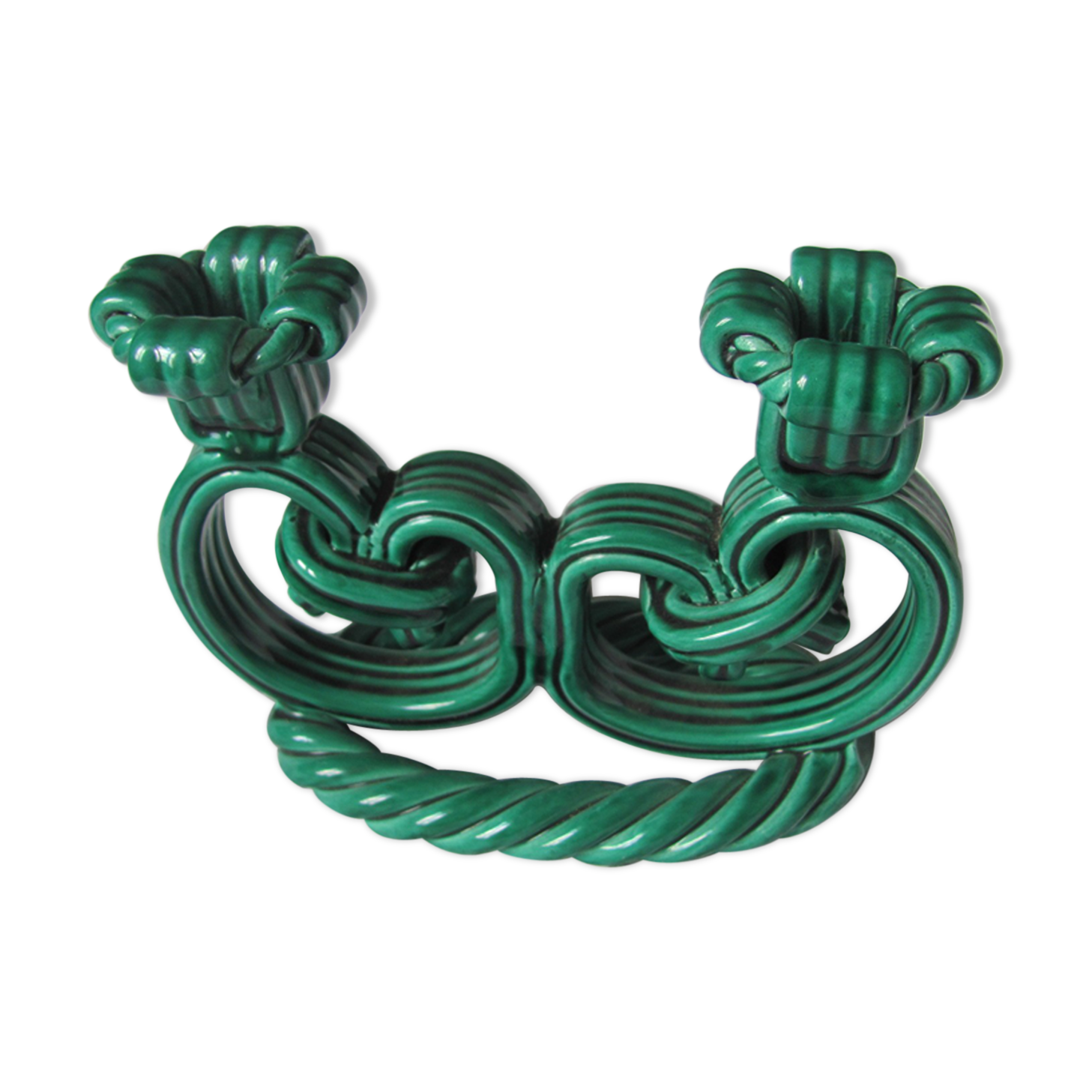 Bougeoir double  céramique Vallauris vert vintage
