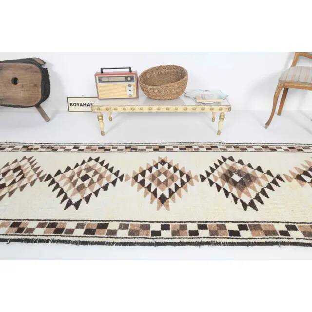 Vintage Turkish Oushak Handmade Wool Cotton White Runner Rug 90x338