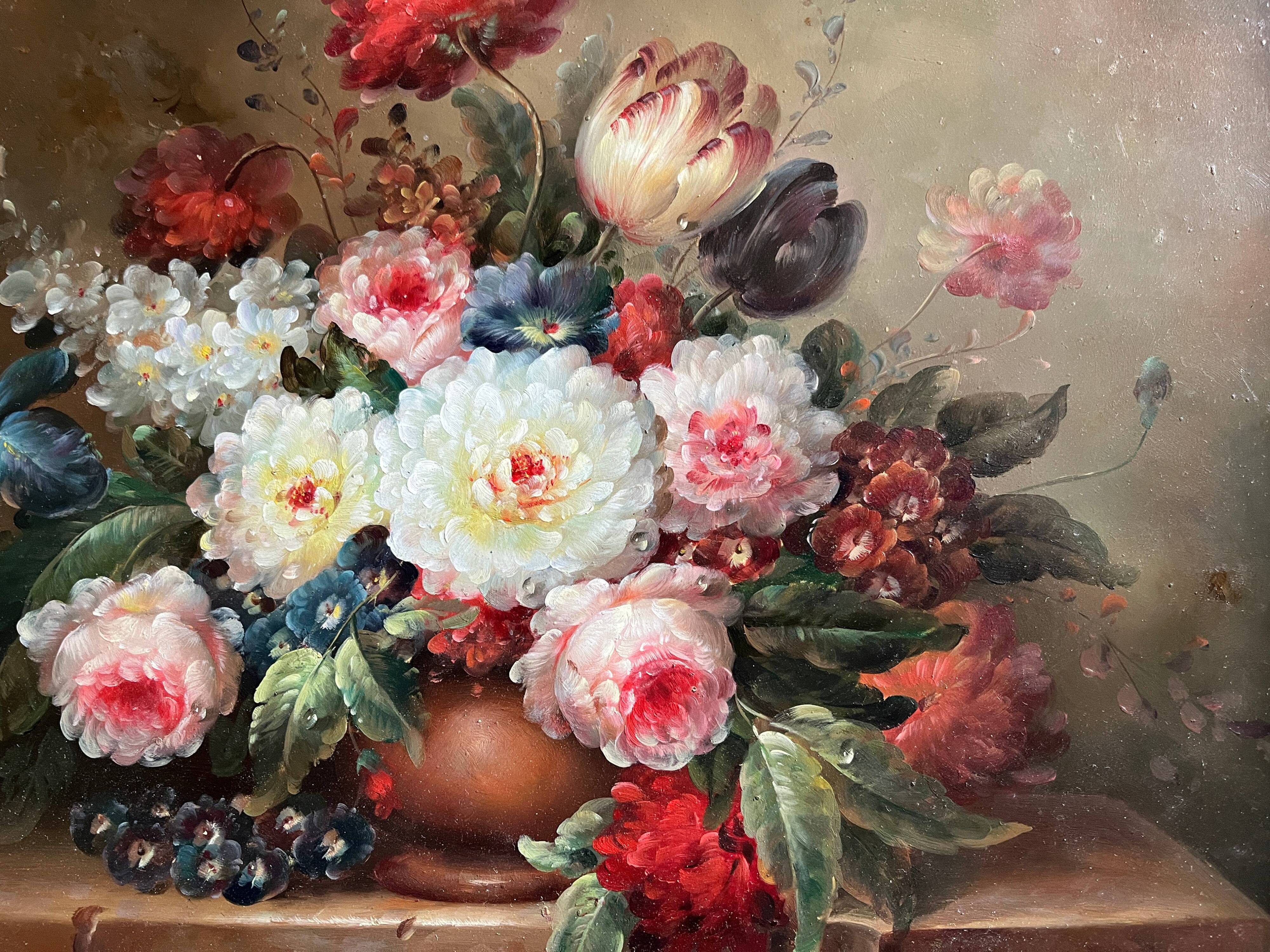 HSP painting "Bouquet of flowers on entablature" signed Ed. W. Kerling (1889-