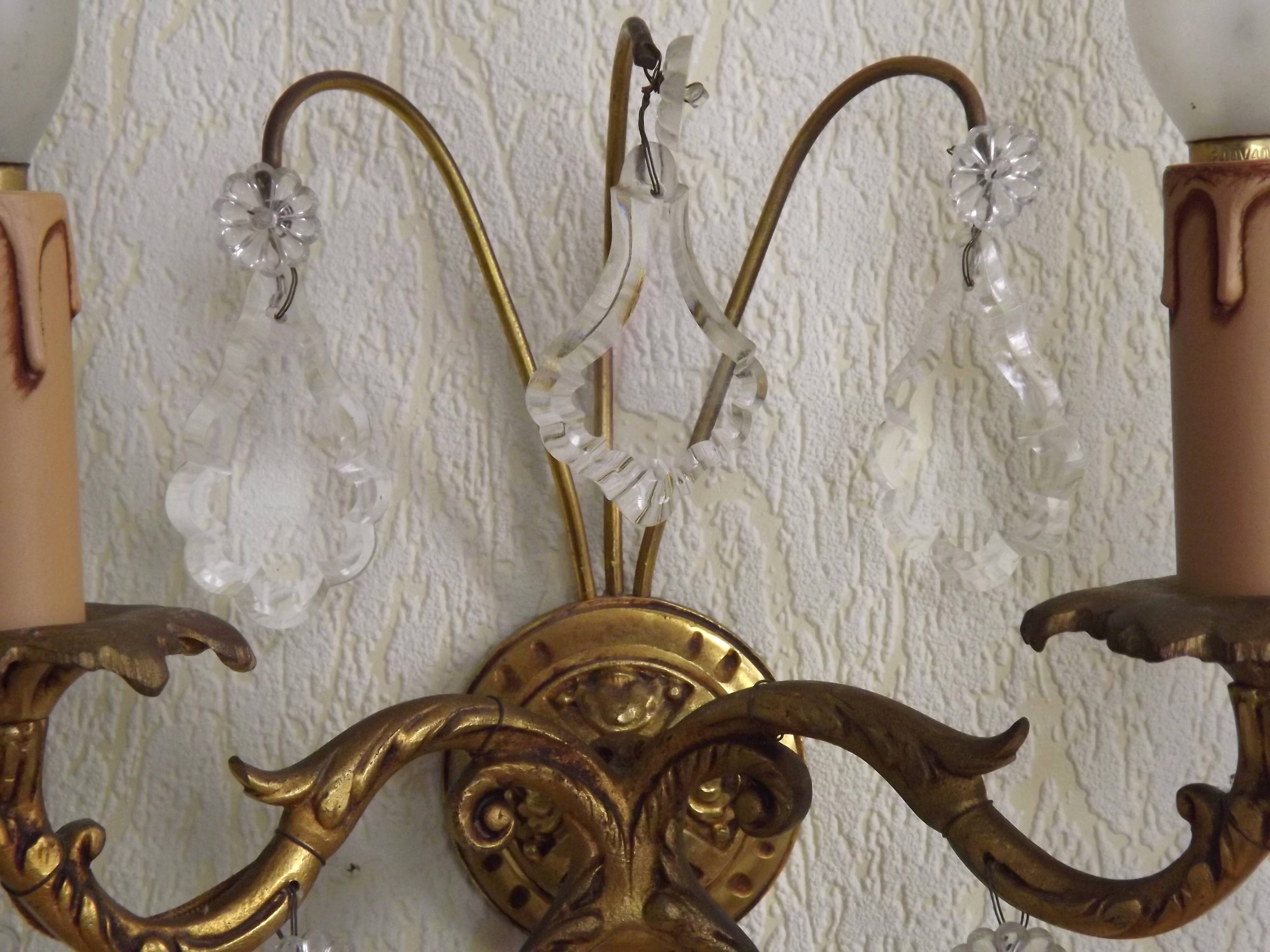 Pair of French Vintage Bronze Double Wall Lights Assorted Crystals 5331