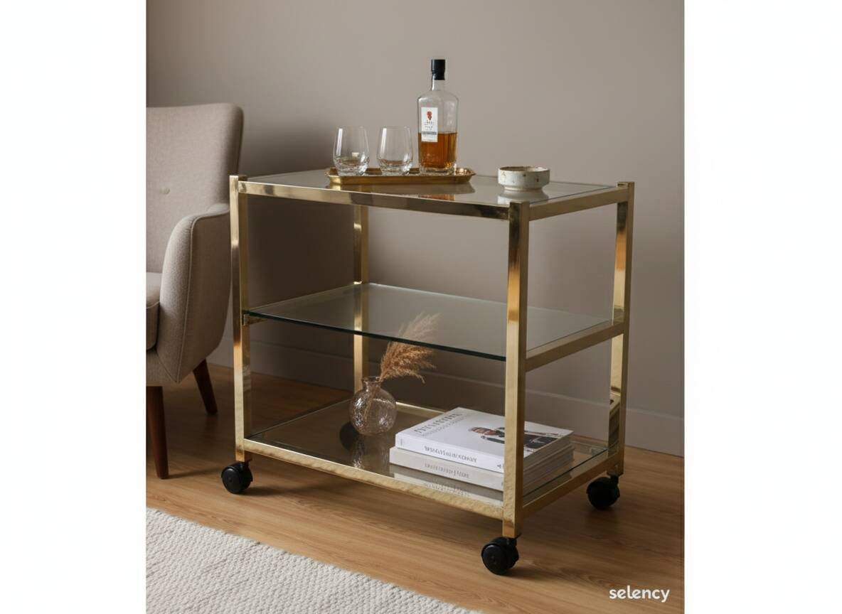 Desserte vintage en laiton et verre fumé – Style Maison Jansen – Années 70