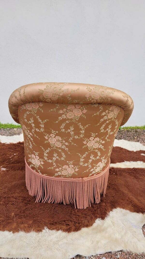 Fauteuil crapaud fleuri à franges ancien - 1930s