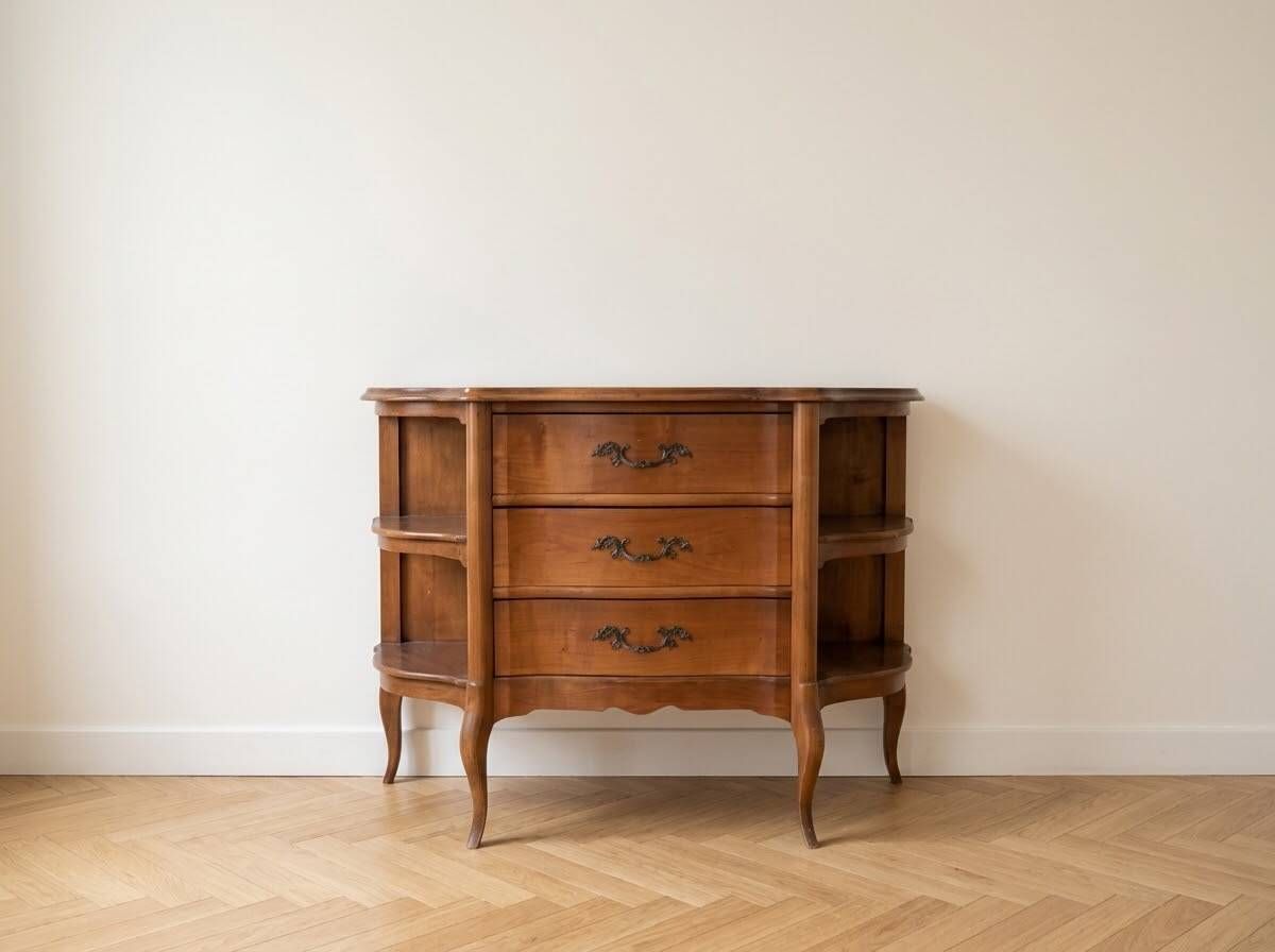 Louis XV style wooden commode with side shelves