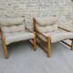 Pair of pine and woolly armchairs, 80s