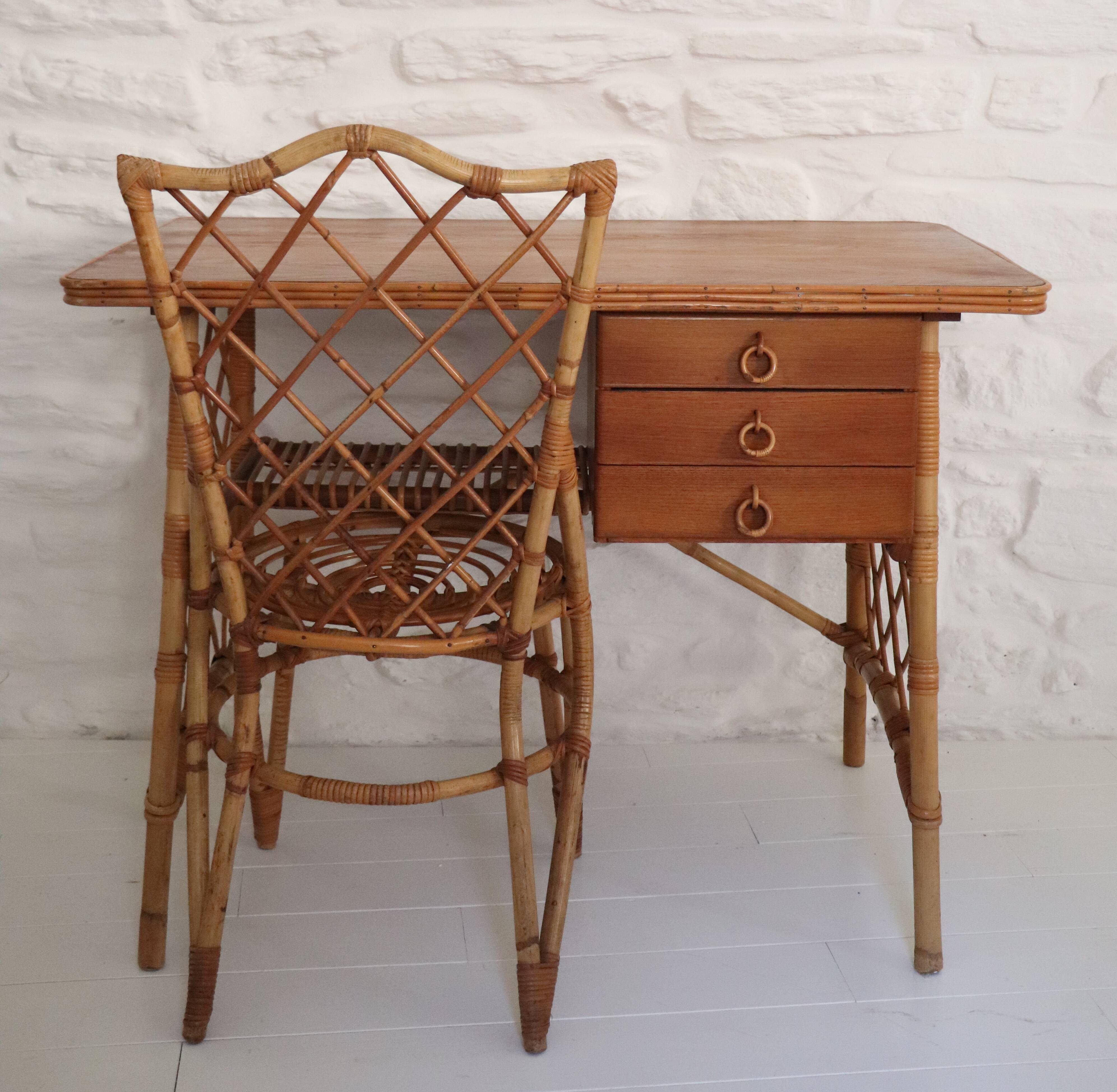 Desk and chair in rattan, Louis Sognot, 1950s-1960s.