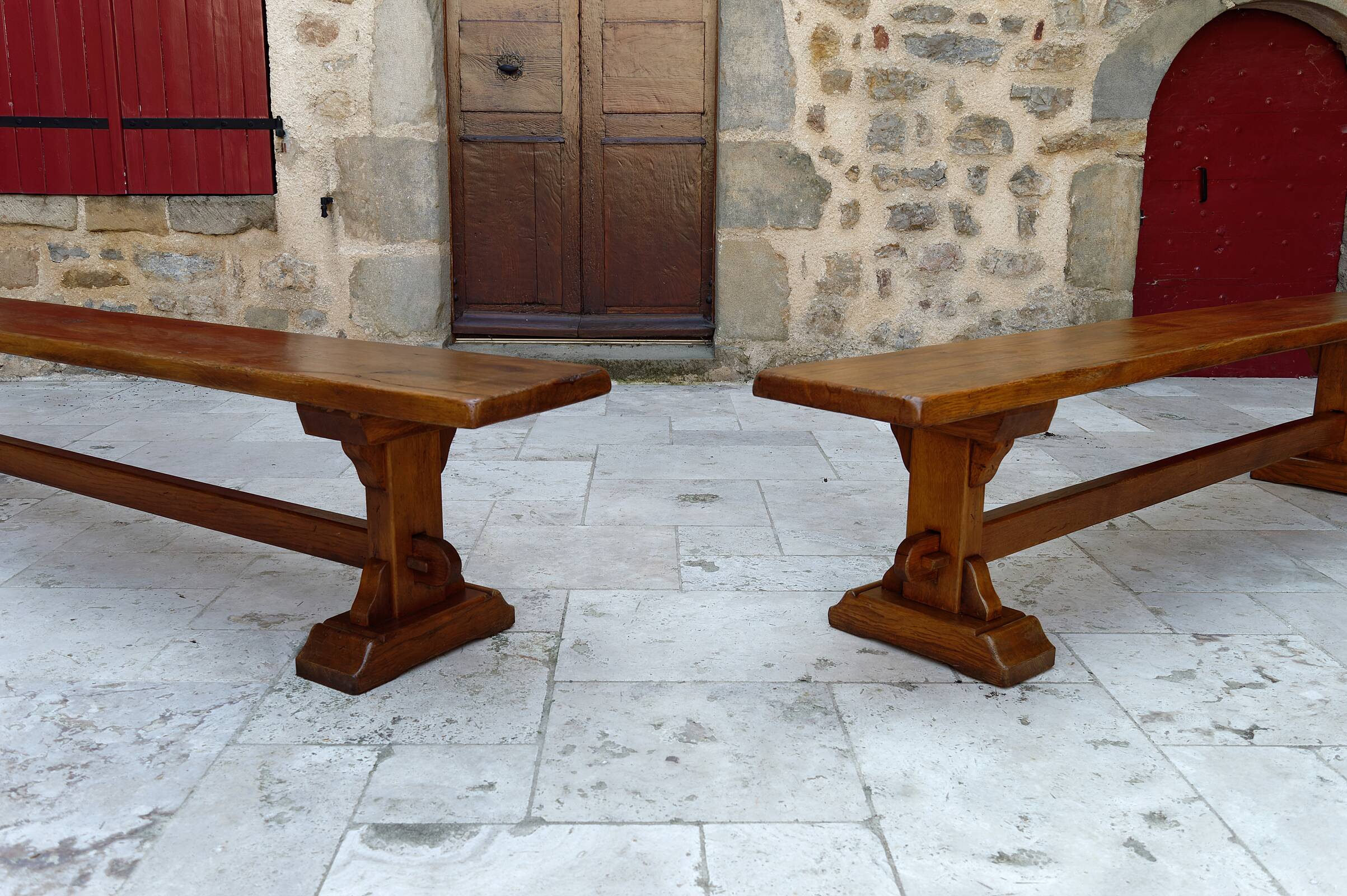 Pair of oak monastic community benches, France, early 20th century