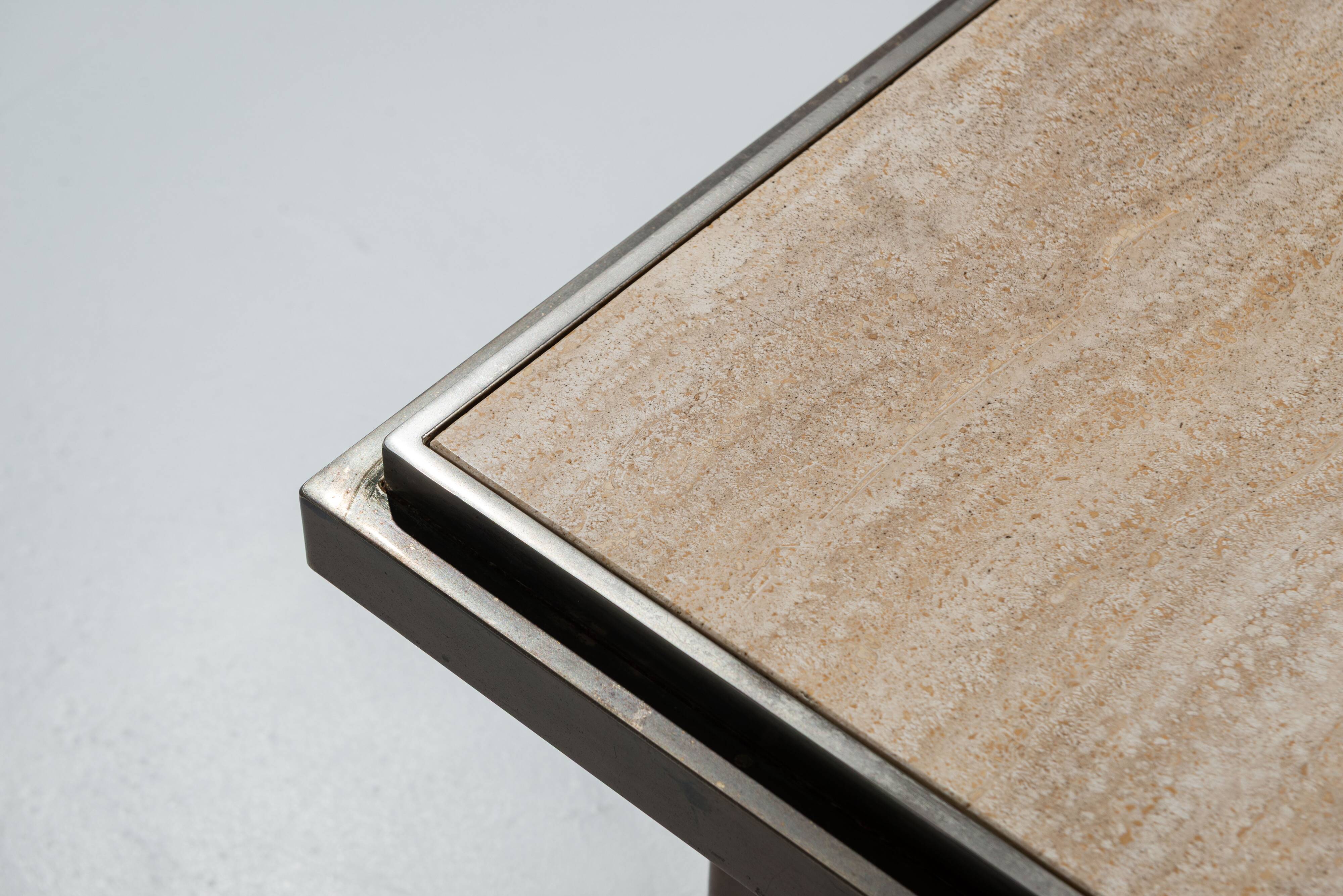 Belgochrom coffeetable in polished metal and travertin