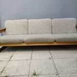 Set of 3-seater sofa + sled chair, 60/70's in oak