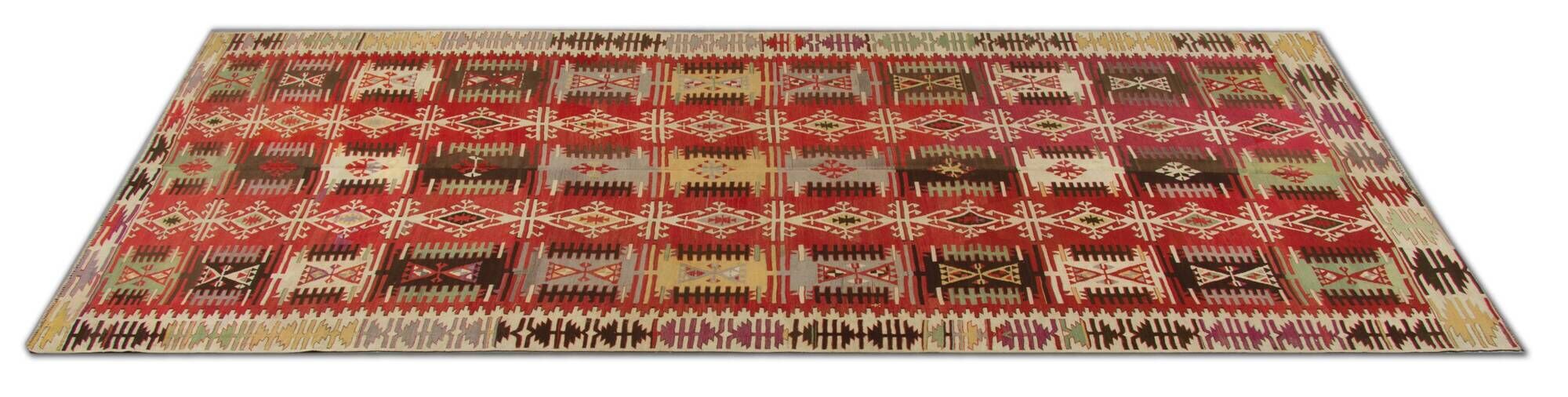 Turkish Kilim Runner 1890s, Handmade Wool Tribal Geometric Rug 390x163cm