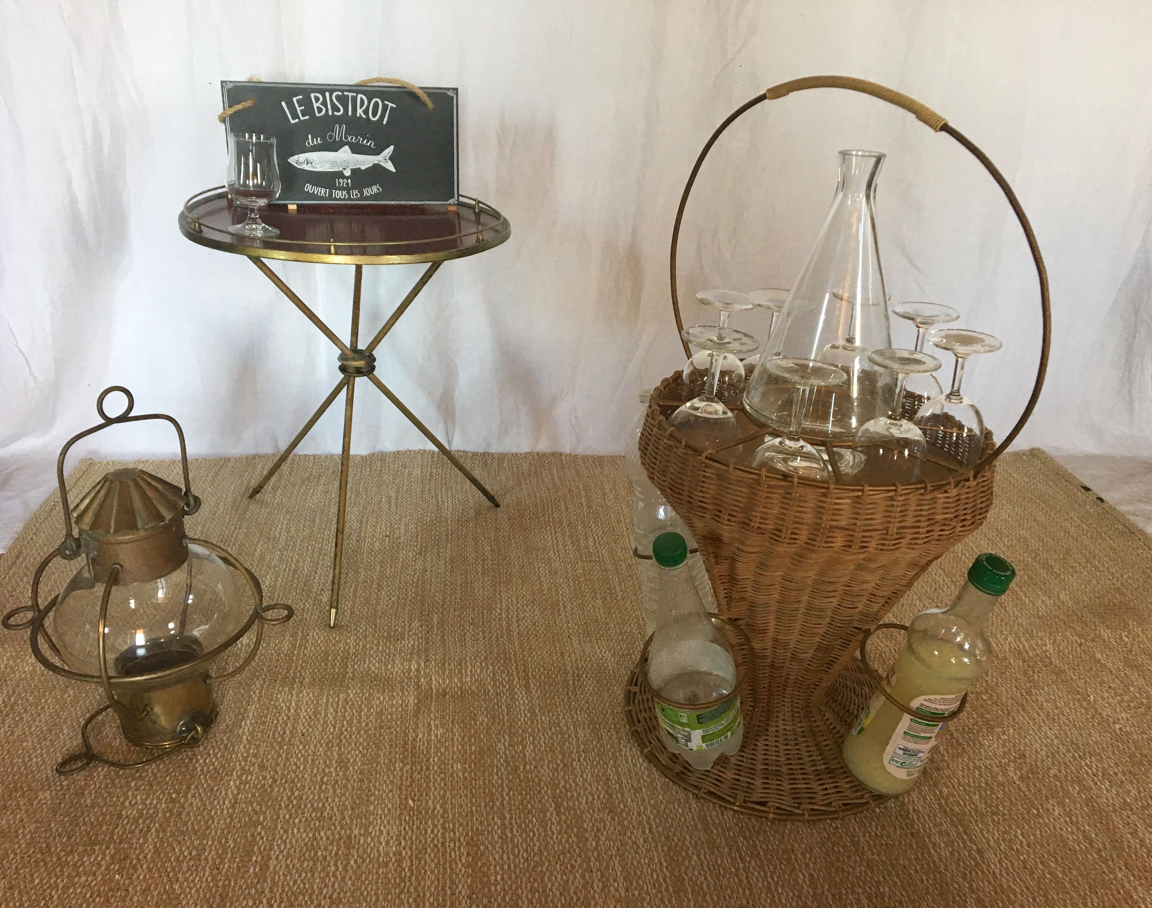Portable bar 1960 rattan and scoubidou