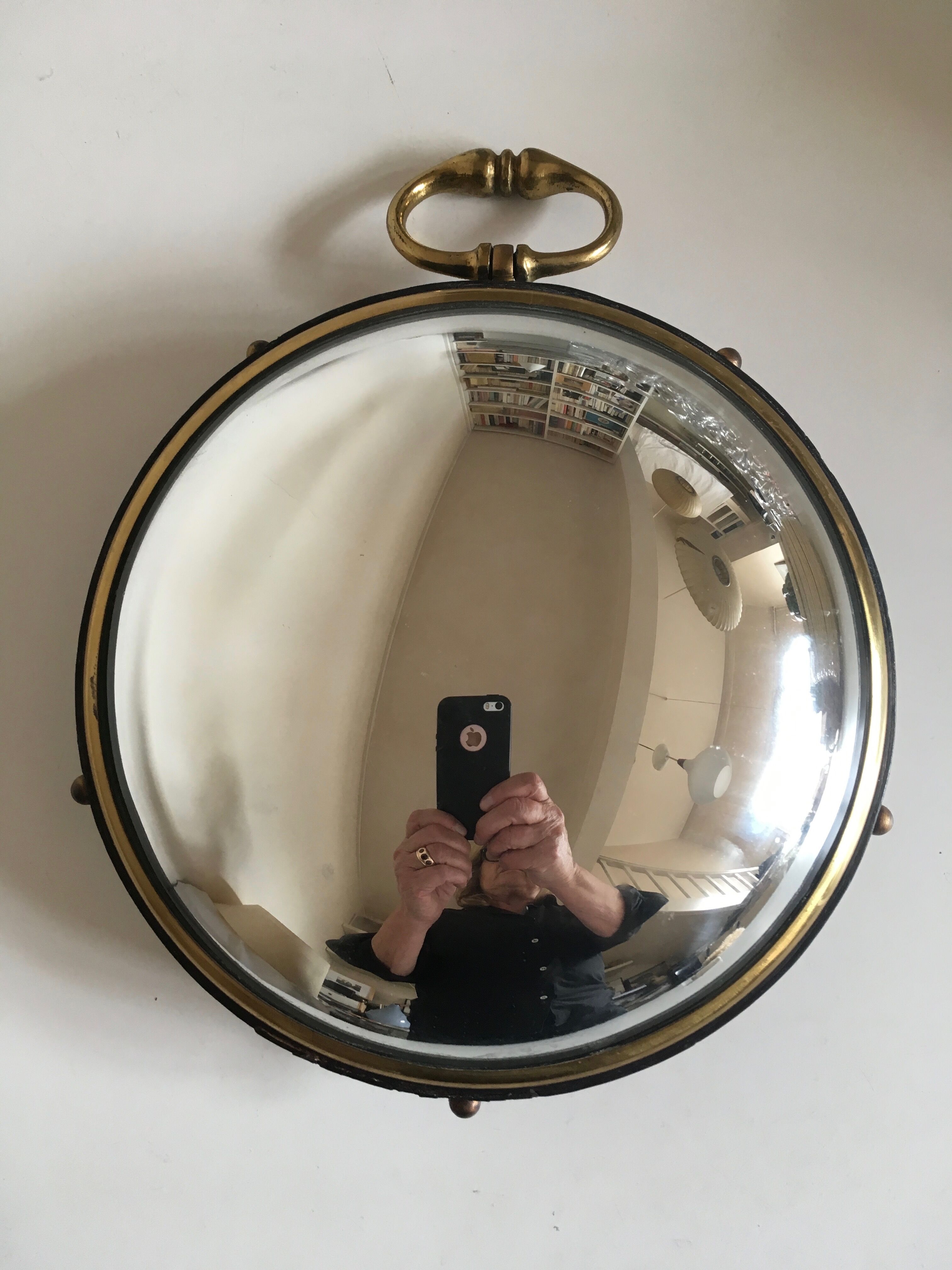 Leather and brass bulging witch mirror 1970 21cm