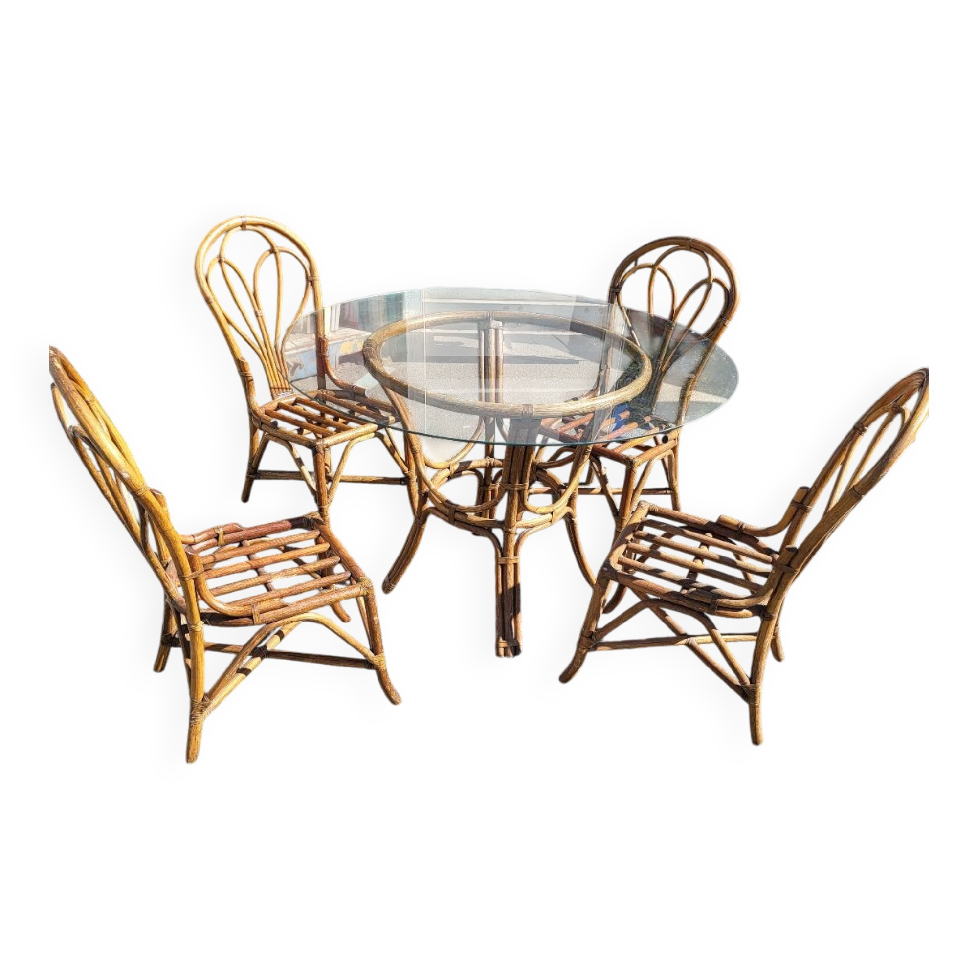 Vintage rattan and glass set - round table + 4 chairs