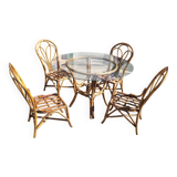Vintage rattan and glass set - round table + 4 chairs