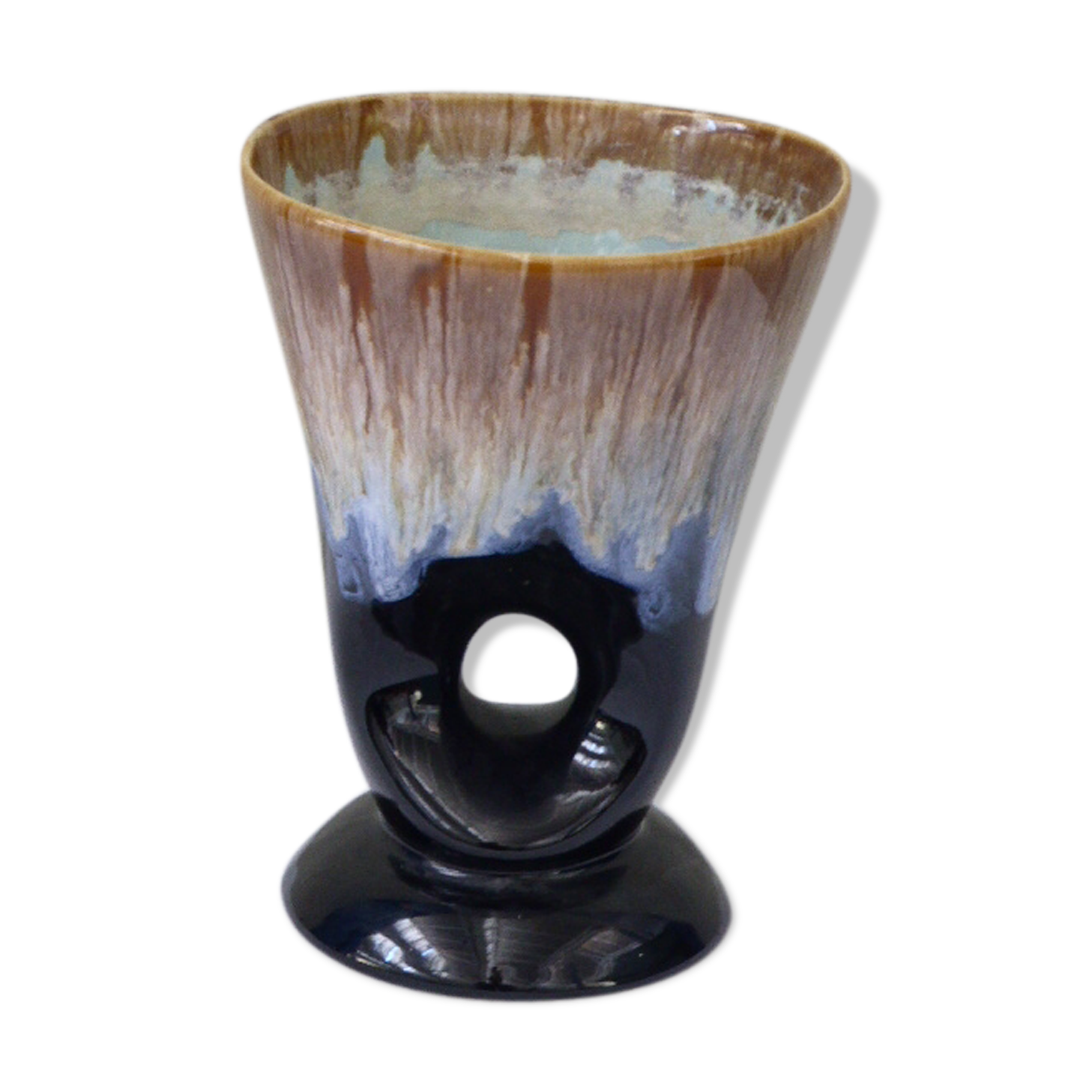 Vase design en céramique émaillée beige et noire intérieur turquoise vintage 1960