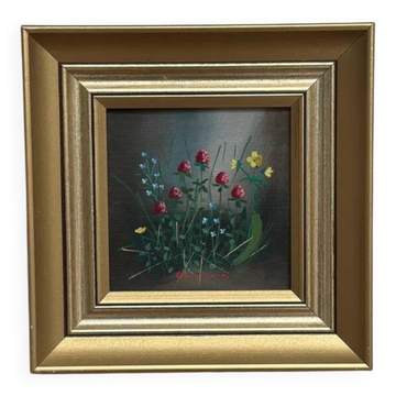 Huile sur panneau d'origine suédoise – "Roses et Marguerites" par V. Rasmussen – Vintage et encadrée – 25,5 × 25,5 cm (10 po × 10 po)