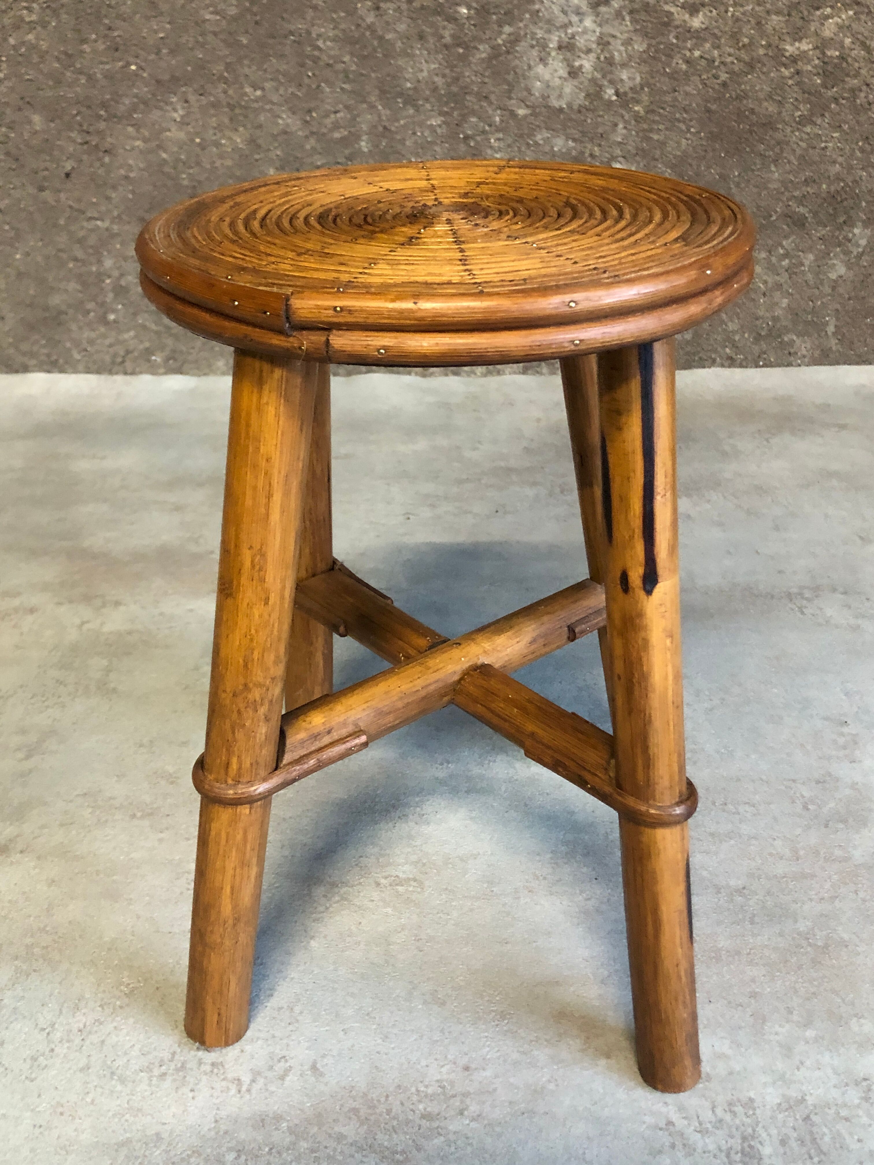 Vintage round rattan bamboo stool