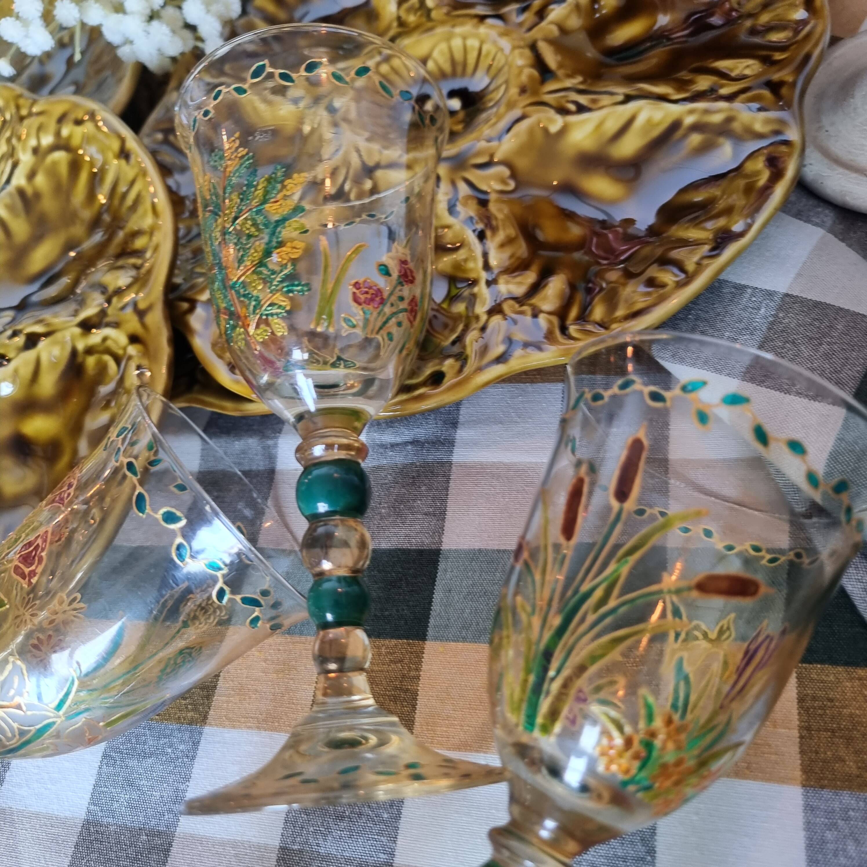 Set of 4 antique hand painted glass water or wine glasses with details inspired by the style