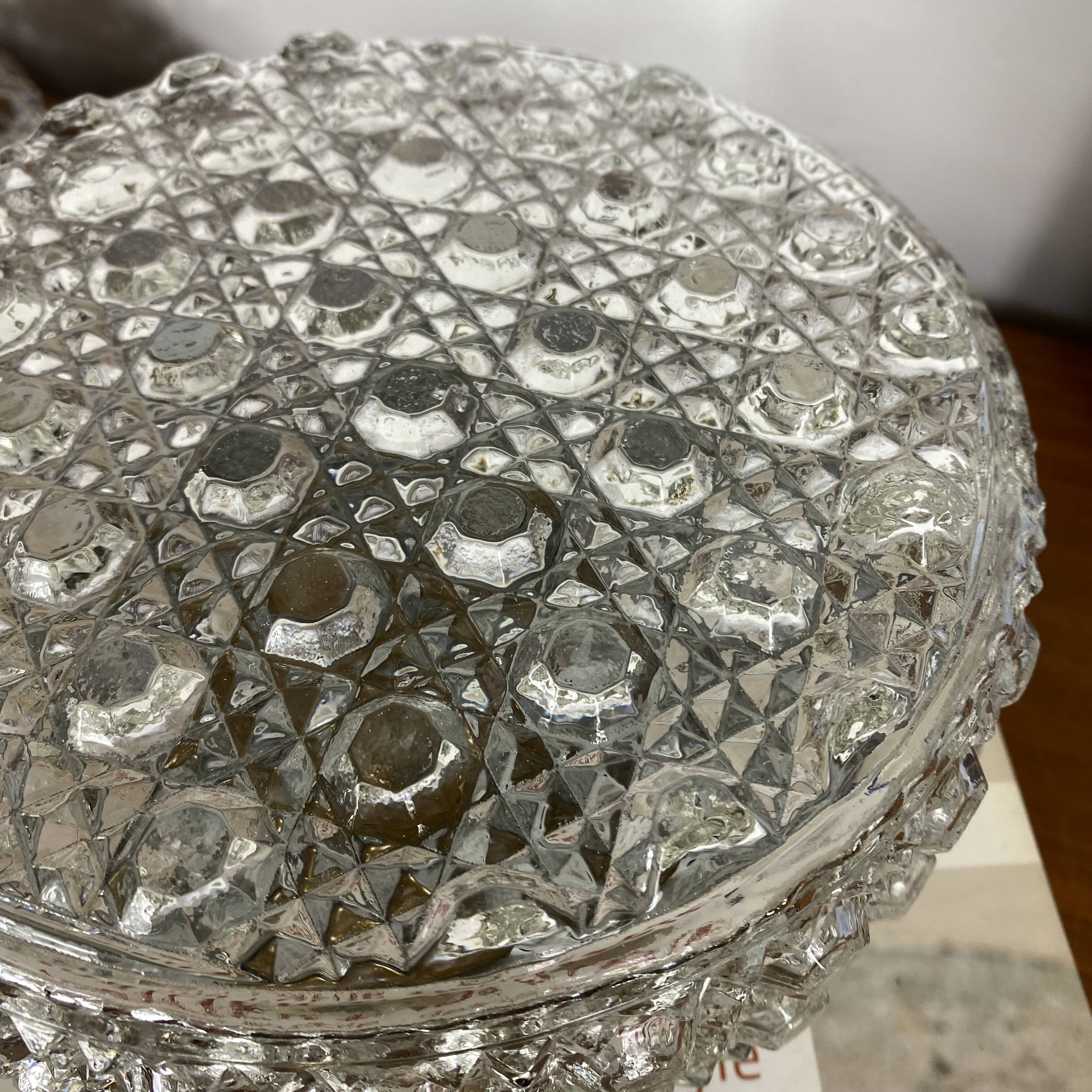Round wall light ceiling fixture in glass with diamond points vintage 1970s