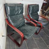 Pair of Scandinavian armchairs in leather and curved wood