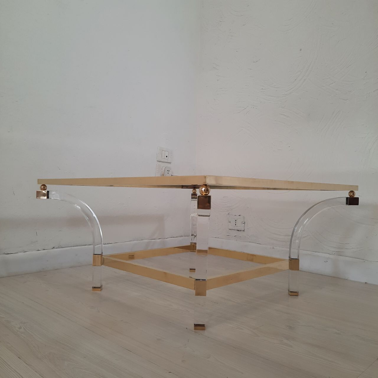 Square coffee table, lucite, brass and glass, Hollywood Regency