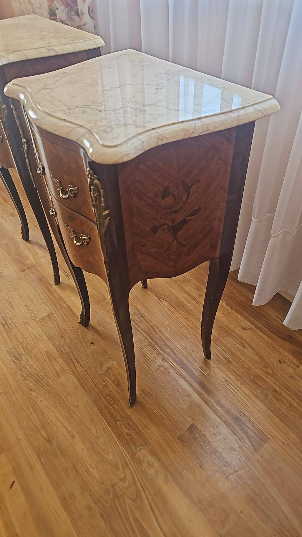 Pair of Louis XV style bedside tables with marquetry and marble top