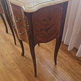 Pair of Louis XV style bedside tables with marquetry and marble top