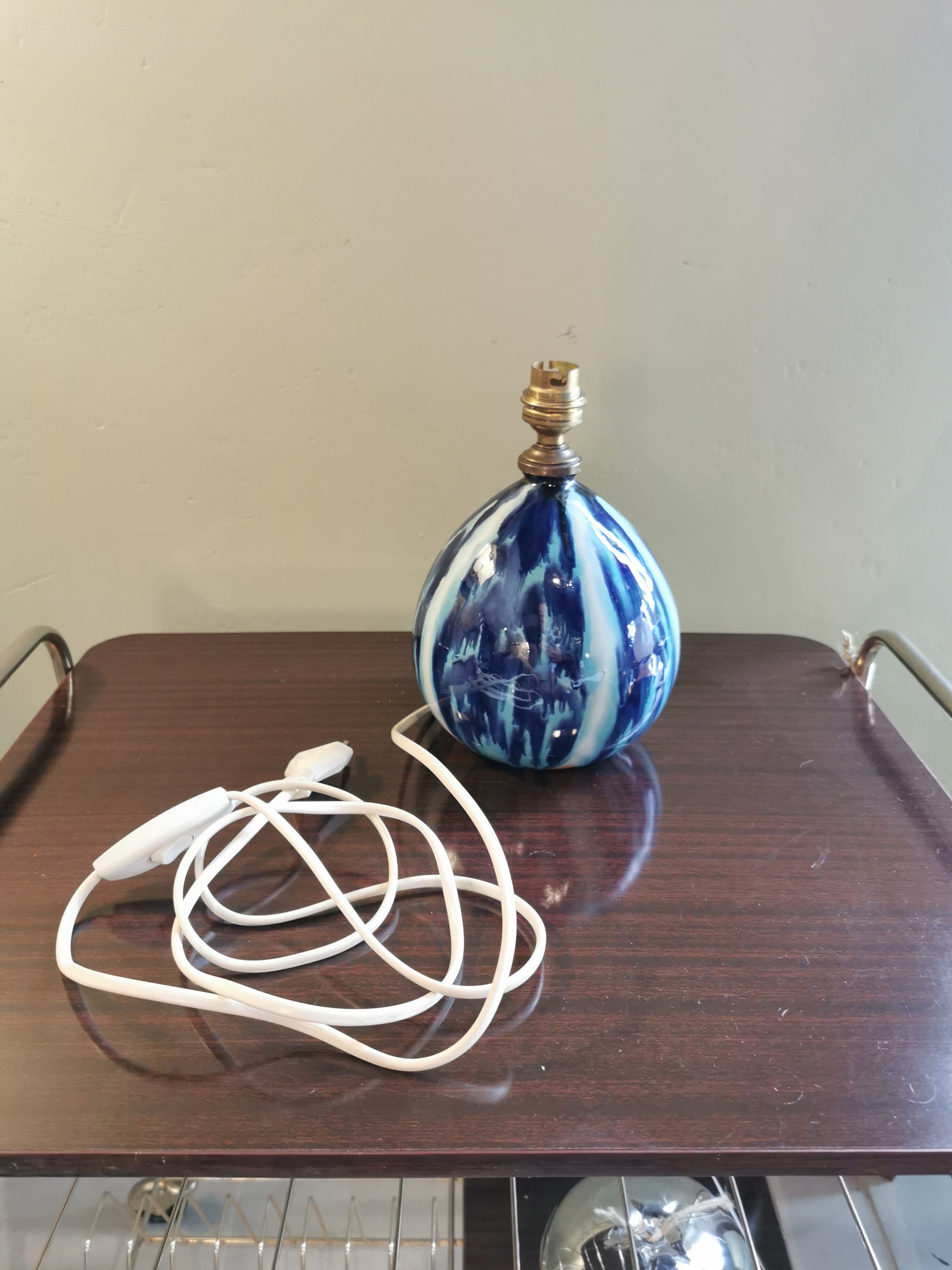 Vintage blue ceramic ball lamp signed
