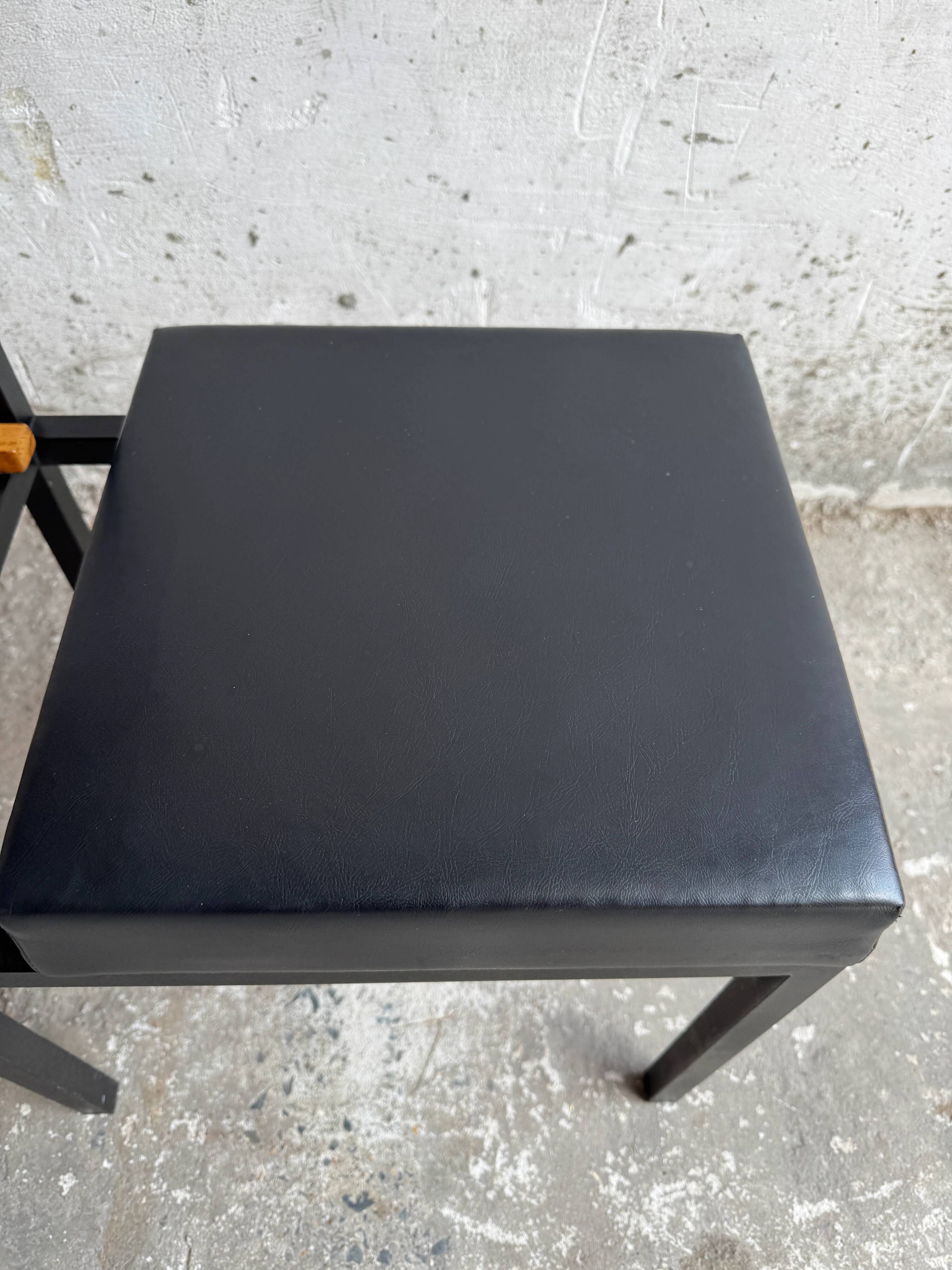 Mid-Century Teak and Black Metal Side Table with Wooden Slat Magazine Rack and Vinyl Seat