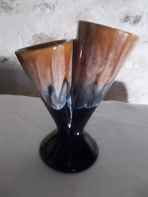 Vintage double neck vase in flamed stoneware