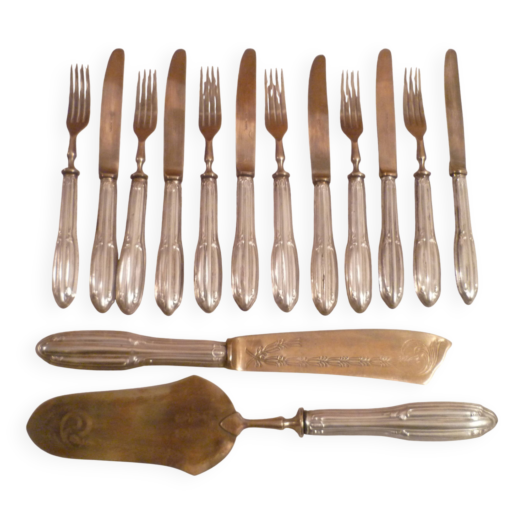 Pastry set 6 forks/6 knives/2 scoopers silver 800th covered 1900