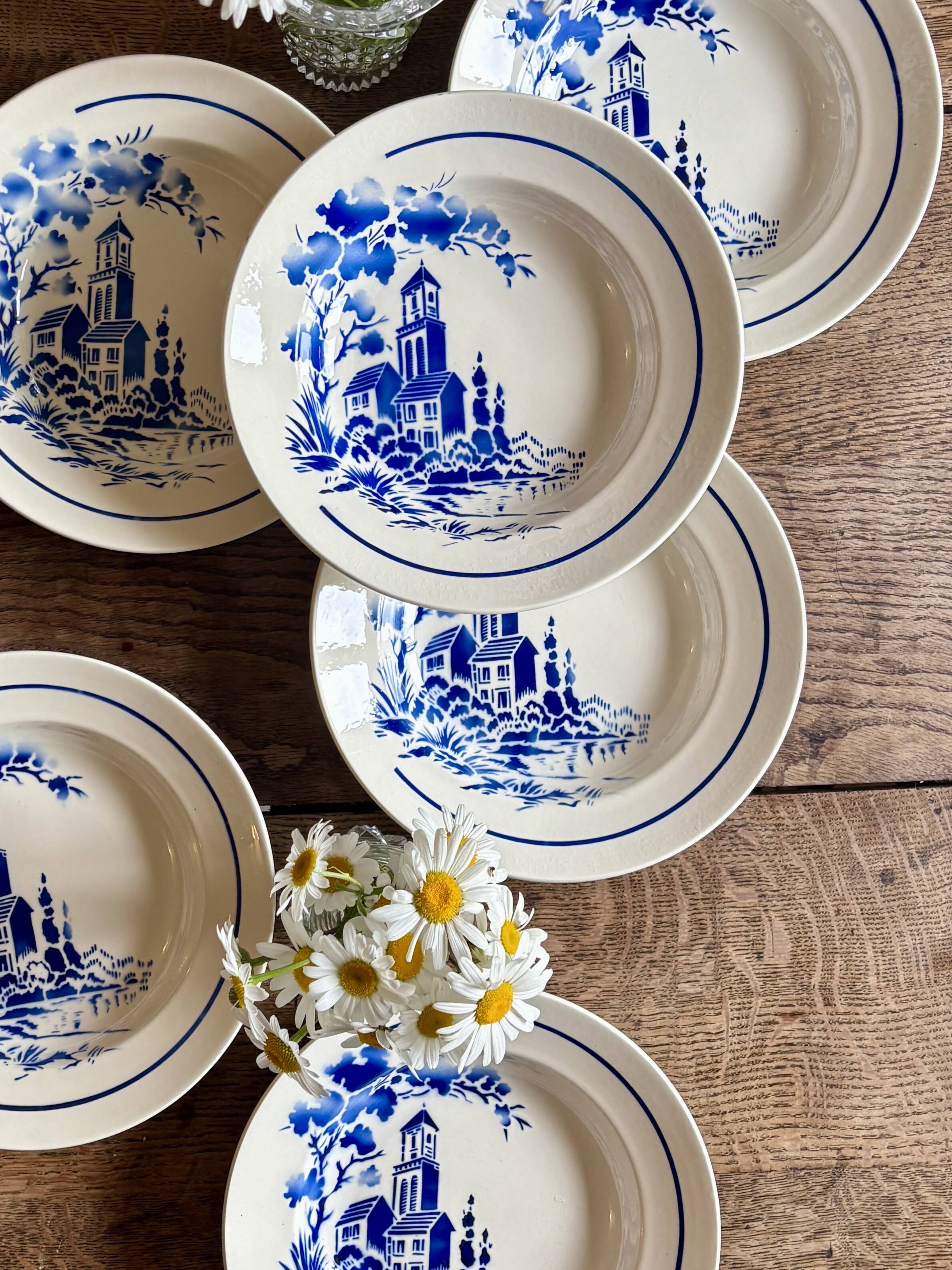 Set of 6 vintage deep plates with village decorations - Badonvillier