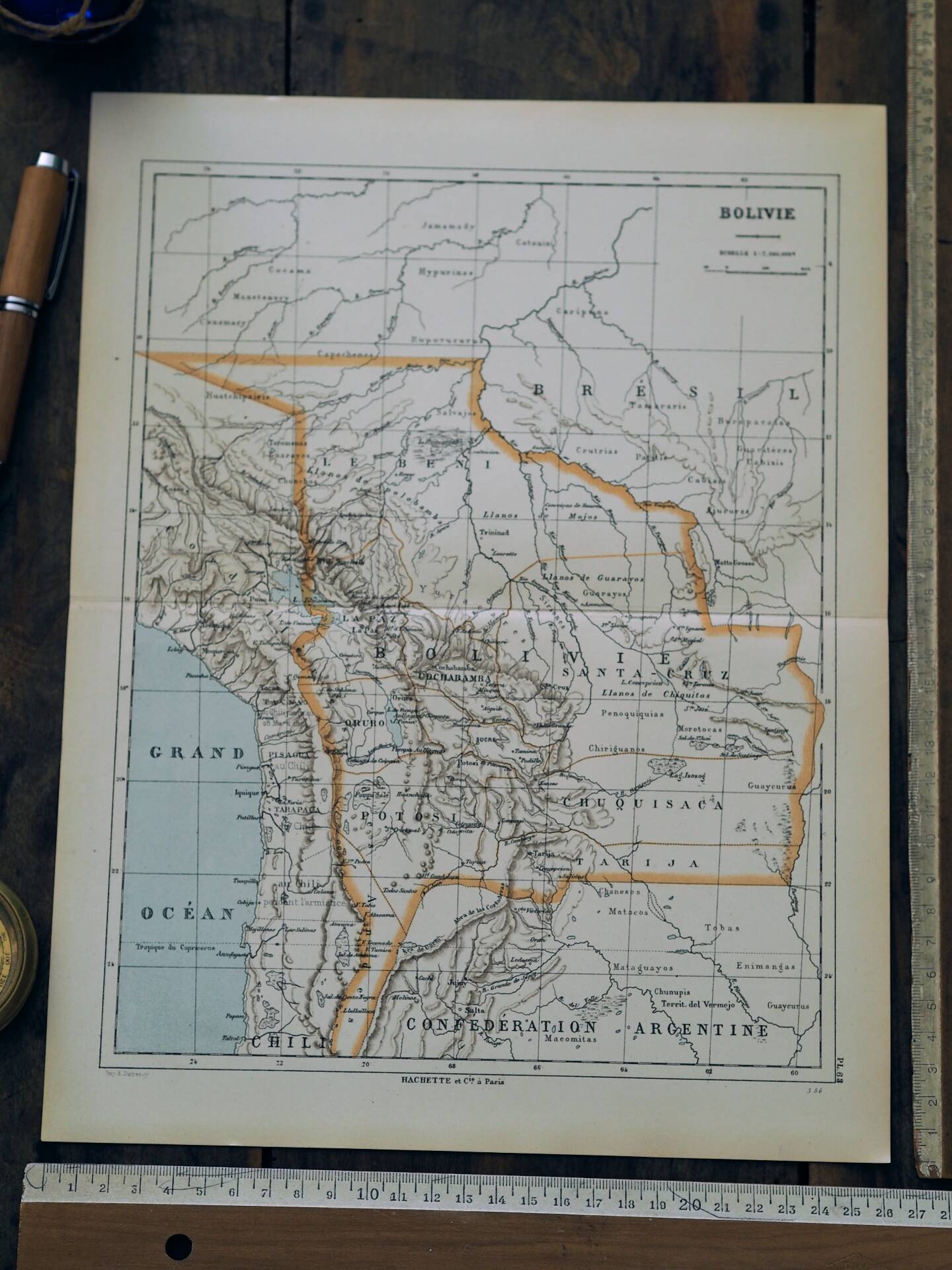 Bolivia, old map 1887 – vintage geographical map.