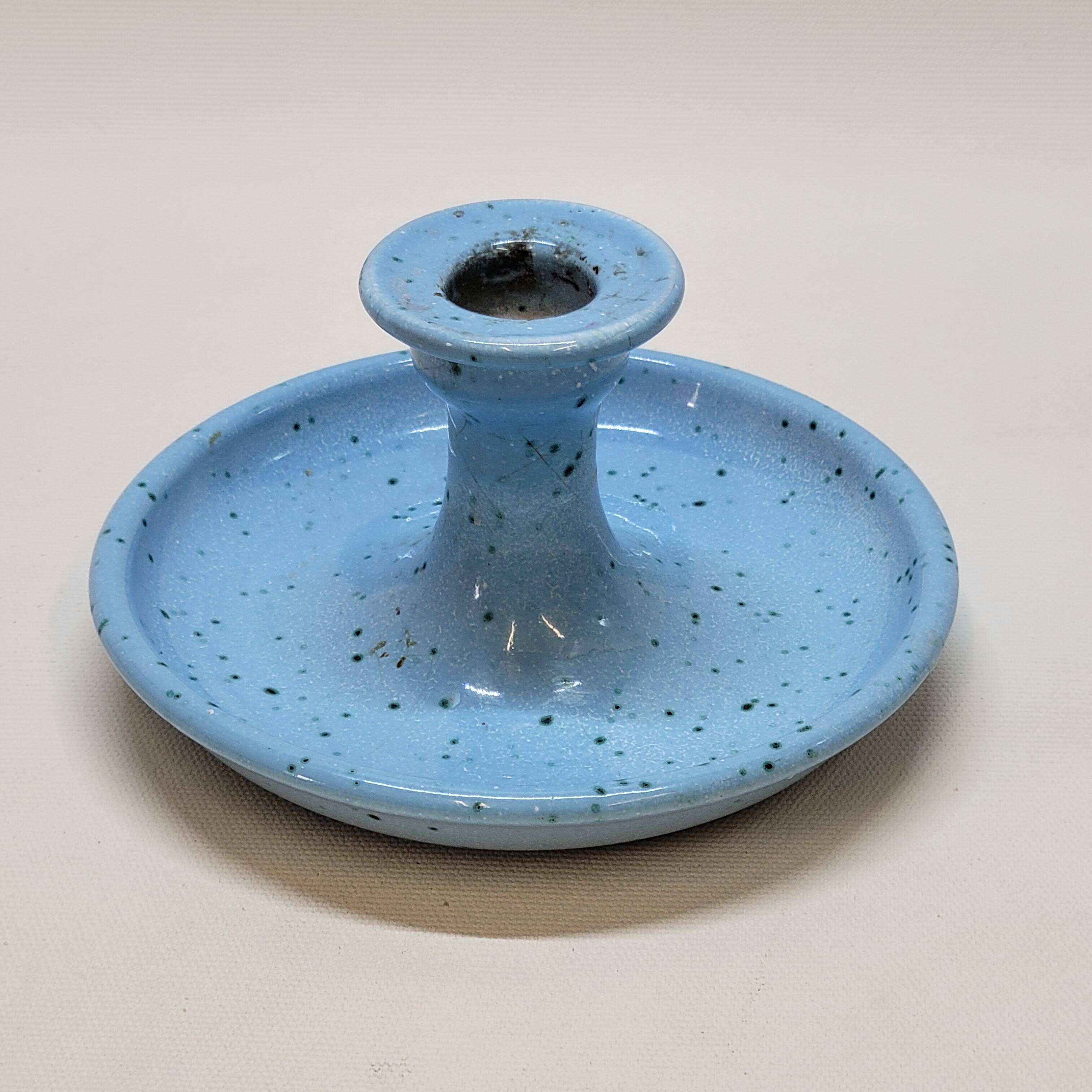 Light blue glazed ceramic candle holder with green speckled signed scorpion stamp