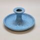 Light blue glazed ceramic candle holder with green speckled signed scorpion stamp