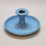 Light blue glazed ceramic candle holder with green speckled signed scorpion stamp