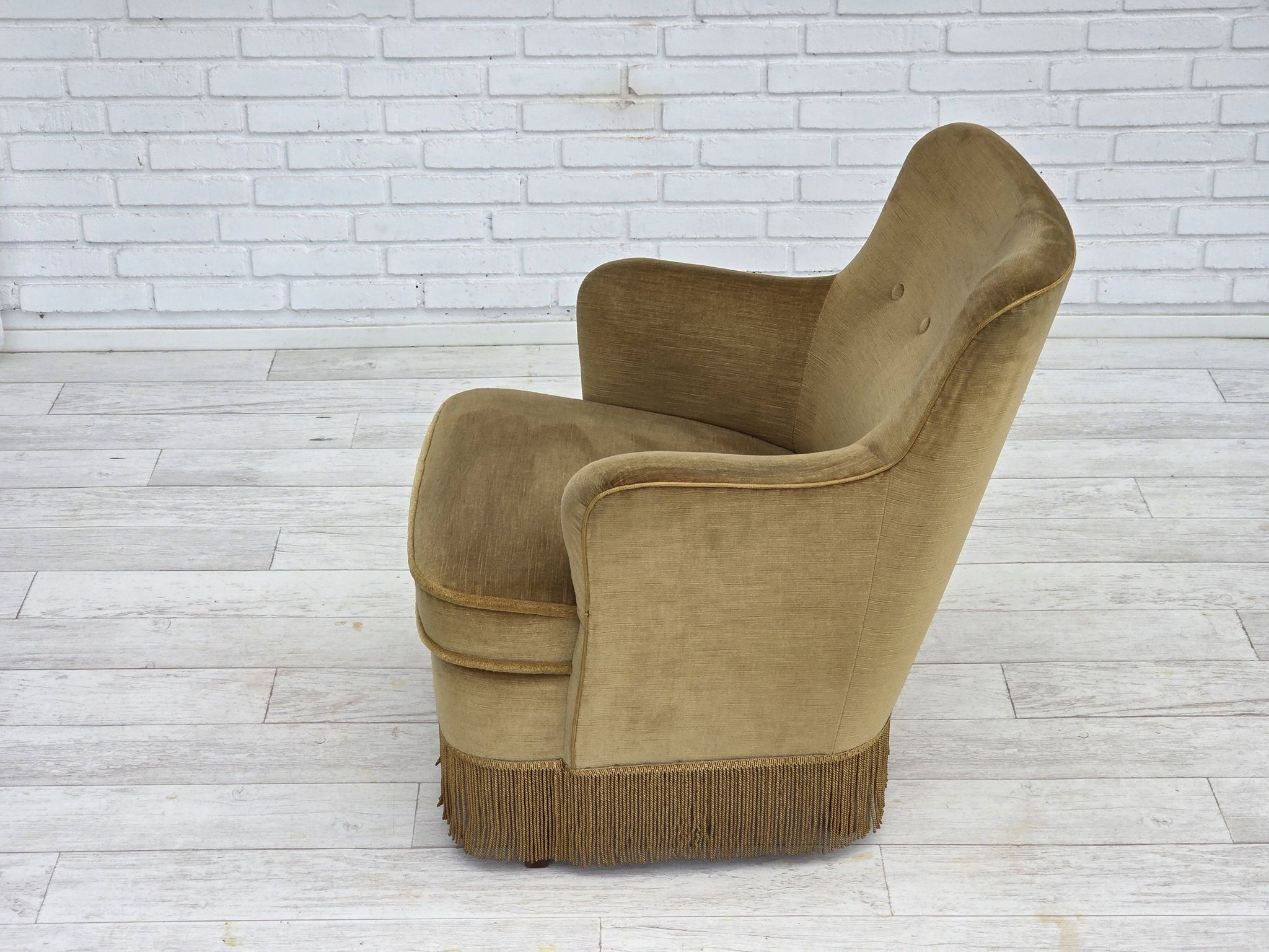 1970s, Danish lounge chair, light green furniture velour, beech wood.