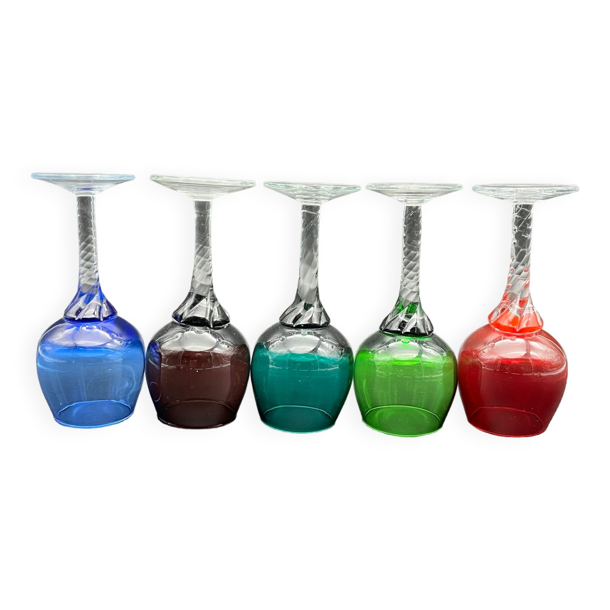 Set of 5 glasses with twisted foot blown glass multicolored Murano