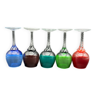 Set of 5 glasses with twisted foot blown glass multicolored Murano