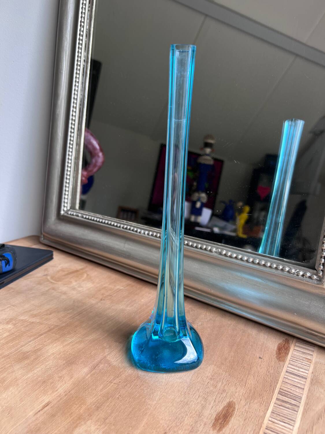 Vase soliflore vintage bleu turquoise - verre soufflé - design années