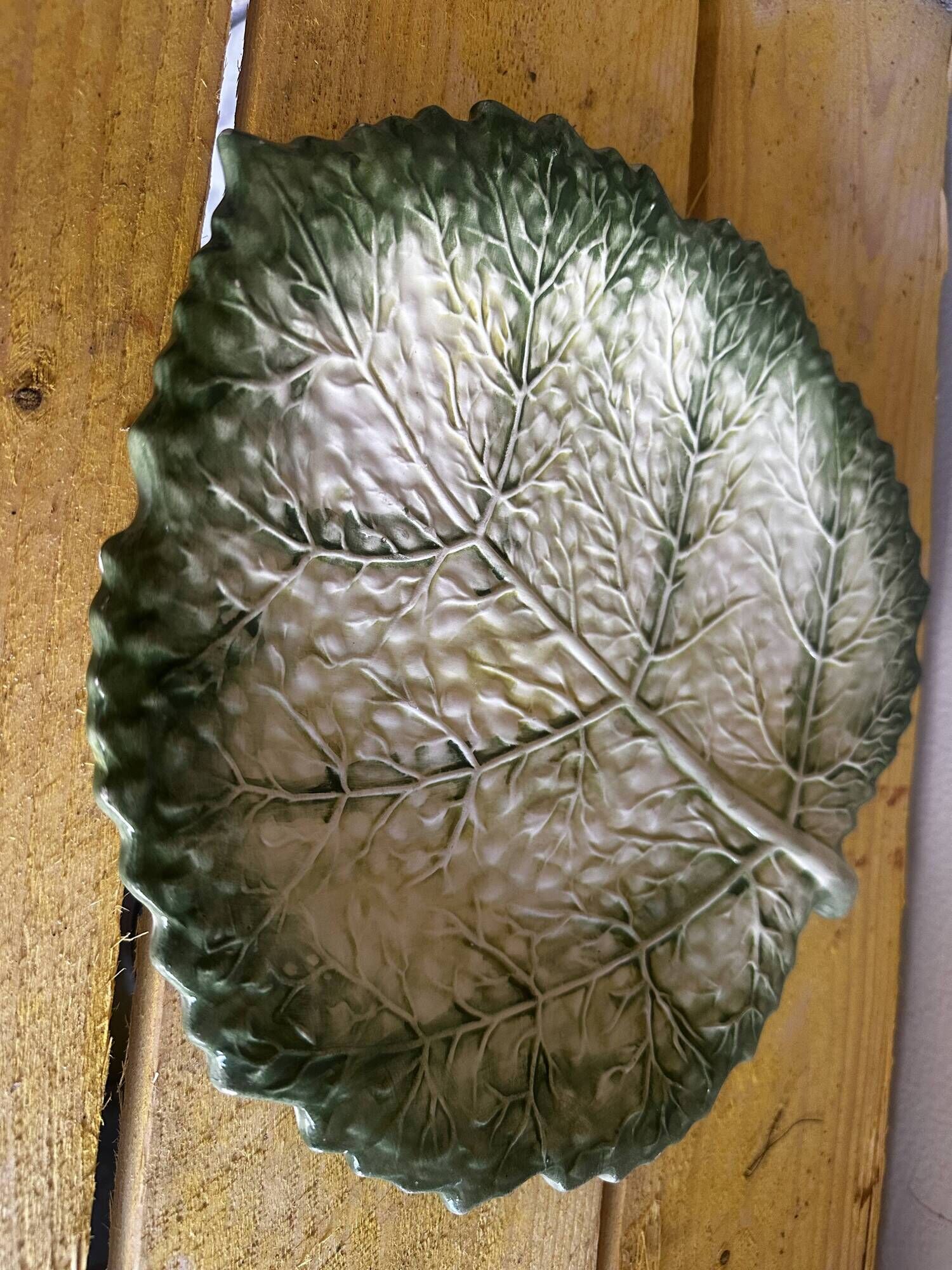 Empty Pocket / Basket / Ceramic Dish Barbotine Cabbage Leaf signed GV