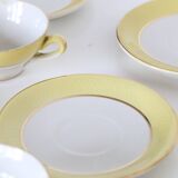 Set of 7 cups and under cups in ceramic Moulin des Loups, yellow, French manufacture,
