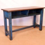 Antique Burmese teak school desk/chair set with original blue patina